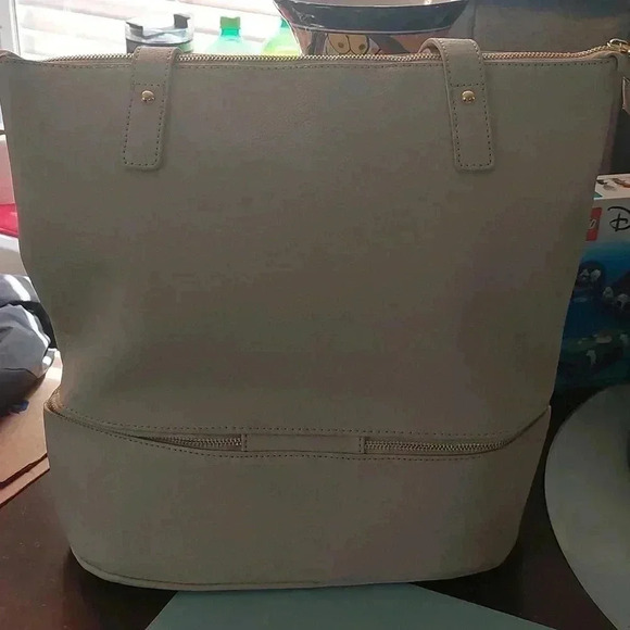 NWOT JOY MANGANO Double Decker Leather Tan Tote Purse with matching Wristlet - Picture 9 of 11